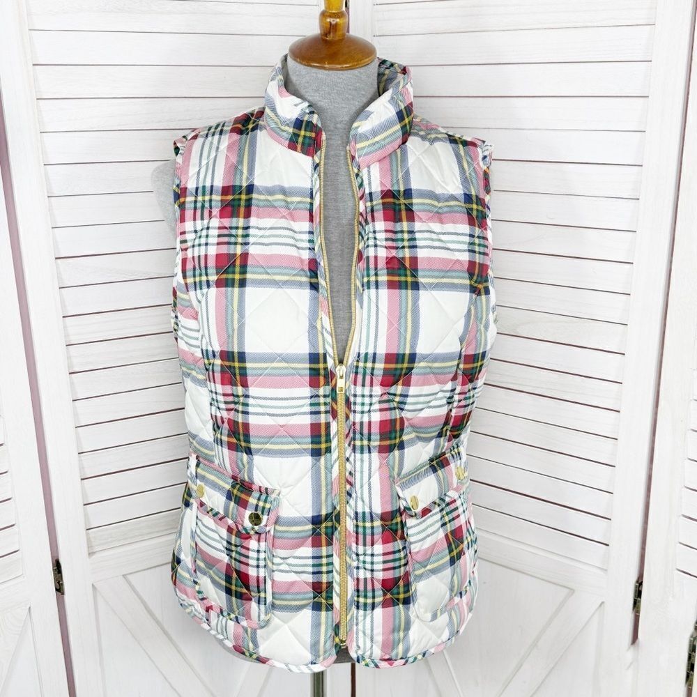 St. John's Bay Plaid Full Zip Puffer Vest White Multi Medium